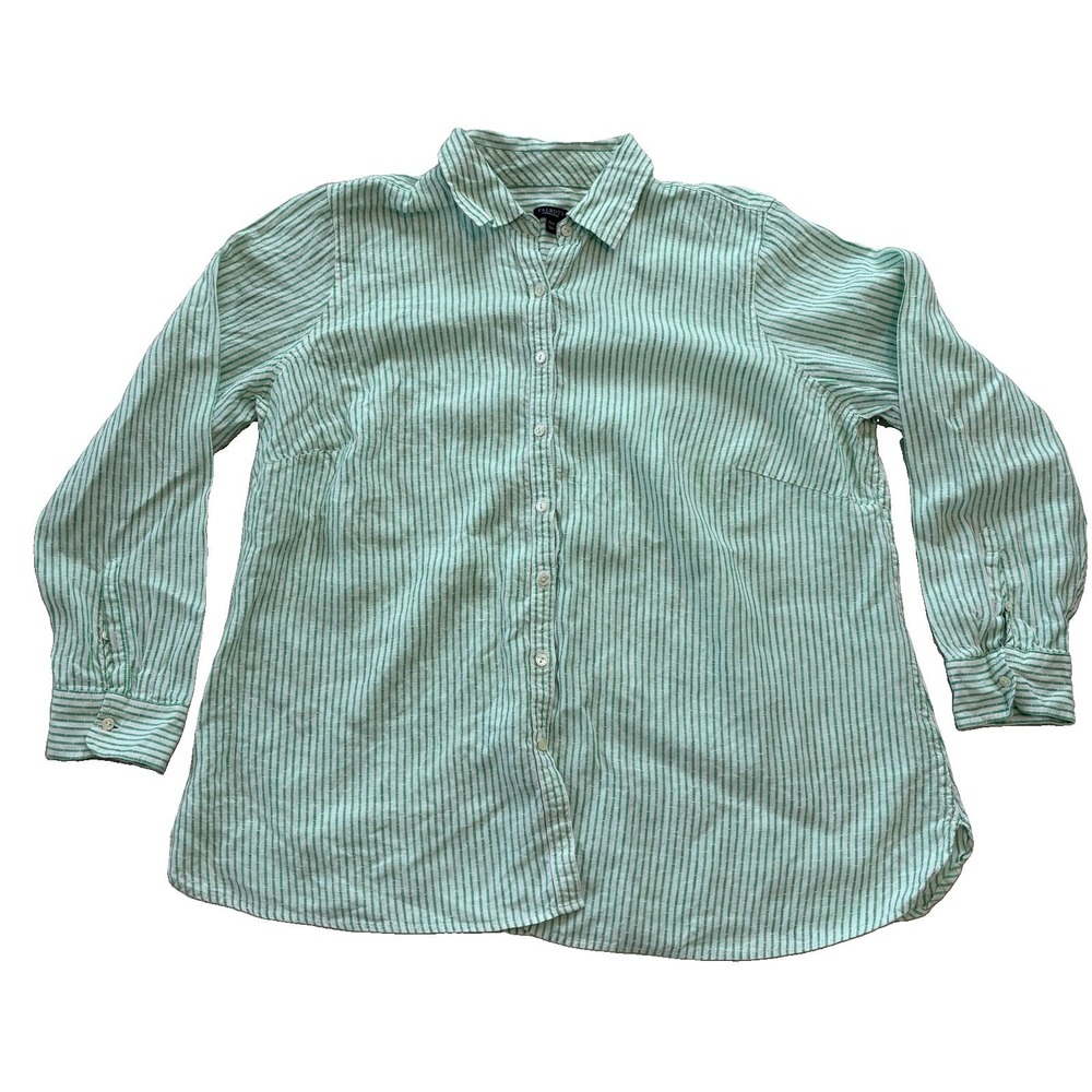 Talbots Linen Button Up Shirt Blouse Green White Striped 2Xp Coastal Preppy